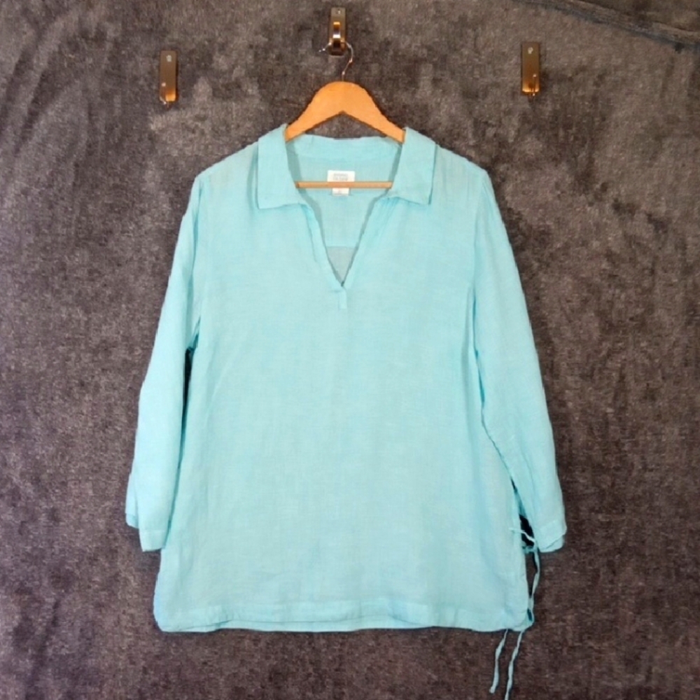 Sigrid Olsen Green 3/4 Sleeve Relaxed Tunic Linen V Neck Vacation Beach Large
